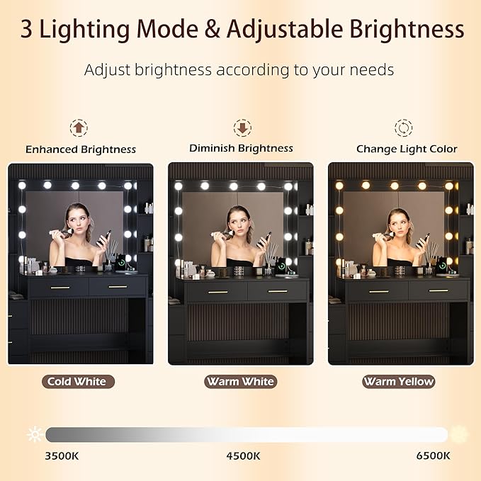 UGTOO Makeup Vanity Desk with Mirror and Lights, 58.3" Makeup Vanity with Lights & Charging Station, Dressing Table Vanity Set White Vanity Table with 8 Drawers & 2 Cabinets, Without Stool Black