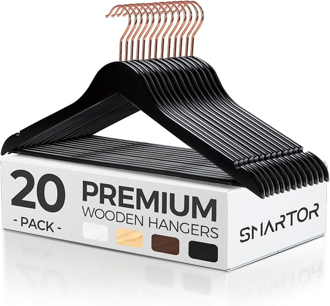 Smartor Wooden Hangers 20 Pack, Solid Wood Coat Hanger for Closet, Heavy Duty Wood Hangers for Suits, Shirts, Dresses, with 360° Rose Gold Hook, Non Slip Pant Bar, Black by Smartor