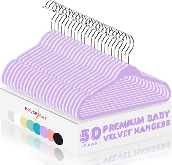 HOUSE DAY 11 Inch Velvet Baby Hangers 50 Pack Lt-Purple, Premium Kids Hangers for Children, Infant & Toddler Clothes, Durable Non Slip Small Baby Felt Hanger for Closet, Ideal for Everyday Use by HOUSEDAY
