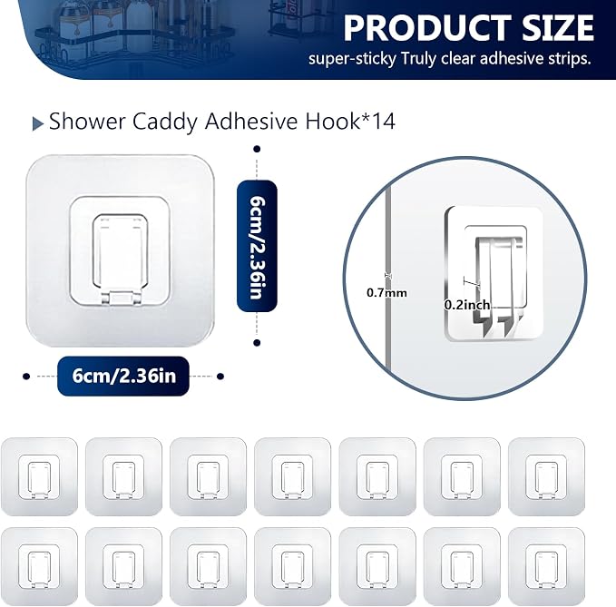 Shower Caddy Adhesive Replacement Hooks, Strong Waterproof Strips, No Drilling for Bathroom Shelves, Kitchen Racks, and Soap Holders (Transparent-14 Pack 1Hook) - Image 5