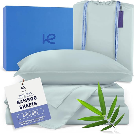 Kickoff Viscose Bamboo Sheets Full Size 4-pc 100% Organic Bamboo Viscose Bed Cooling Sheets Full Size Set Cool Bedding for hot Sleepers Sheet, Flat, Fitted, Pillowcases (Coastal Blue, F)