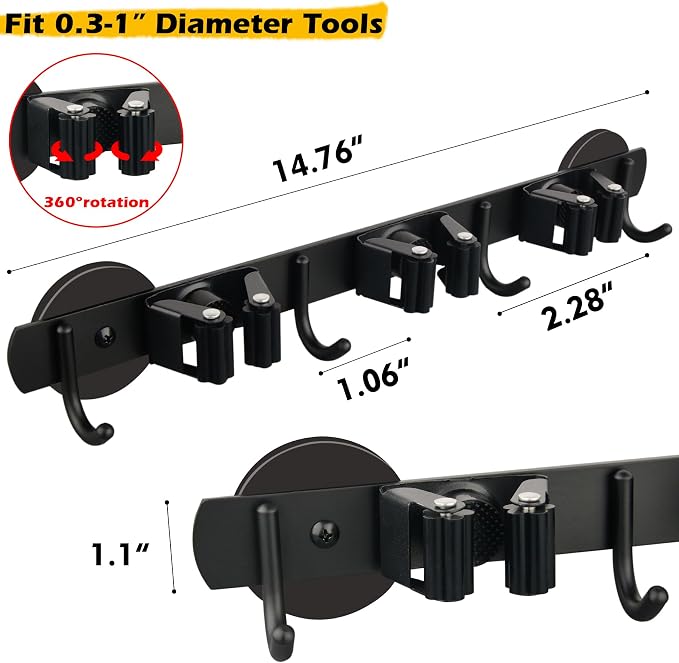 MUTUACTOR Magnetic Broom Holder,Anti-slip Heavy Duty Broom and Mop Hanger Metal Tool Holder 3 Racks and 4 Hooks for Laundry Garage Kitchen Factories Workshops Organization and Storage(1 Set) - Image 5