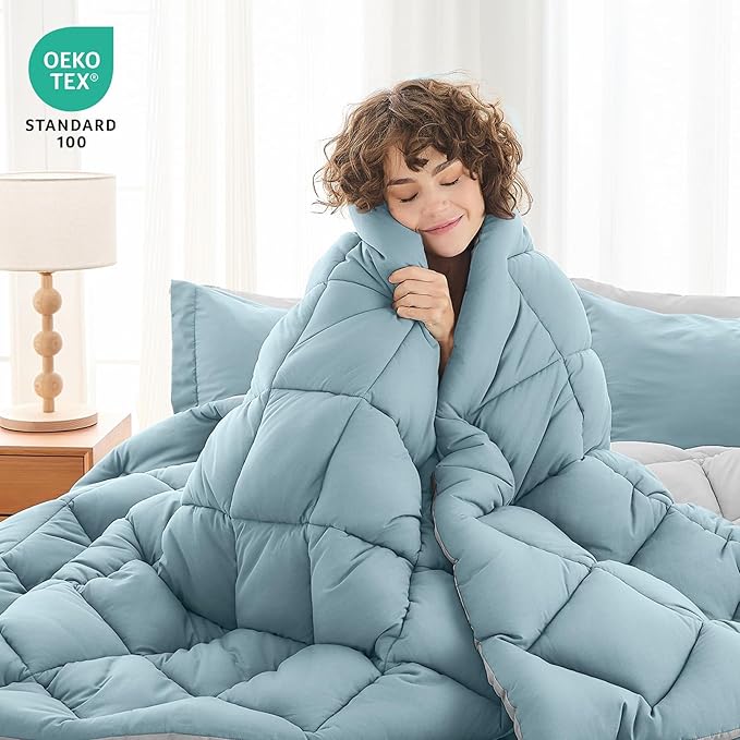 MUXHOMO 5 Pieces Twin Comforter Set, Reversible Bed in a Bag Twin Size, All Season Bedding Set with Comforter, Flat Sheet, Fitted Sheet, Pillowcases & Shams, Greyish Blue & Light Grey