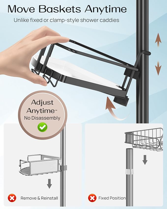 ALLZONE Corner Shower Caddy Tension Pole, 4 Hang-On Basket with Mixed-Height Shelves for Various Bottle Sizes, Extra Hooks & Soap Holder, Rustproof Stainless Steel, Fits 34–116 Inch, Black/White - Image 2