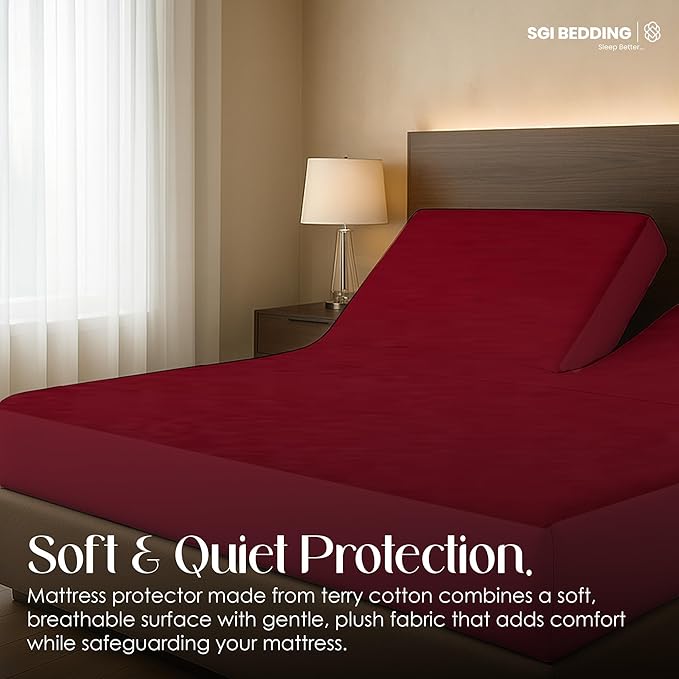 SGI bedding Waterproof Split Top King 78x80 Mattress Protector Pad Cover– 36" Top, 18" Deep Pocket Fitted Style, Soft Noiseless & Breathable Bed Cover for Adjustable Head Beds Burgundy