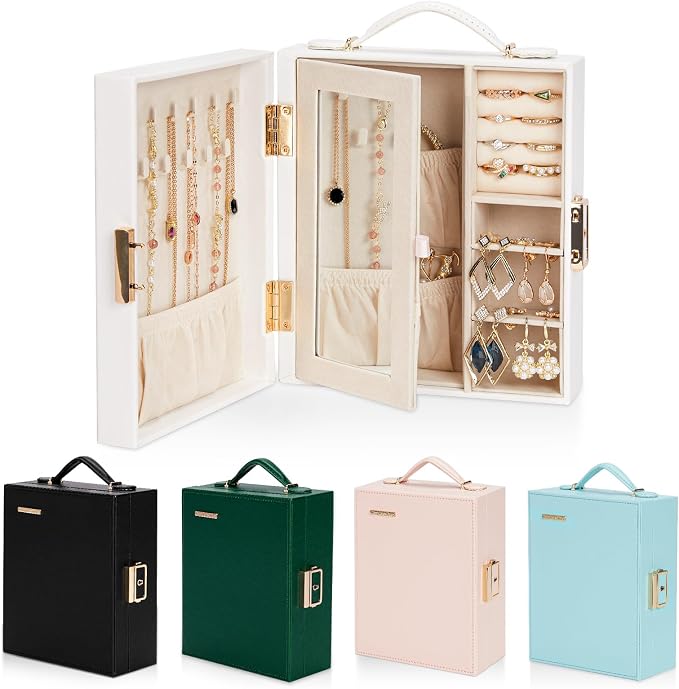 Enthralite Large Travel Jewelry Case: Portable Jewelry Box with Mirror - PU Leather Small Jewelry Organizer for Rings Earrings Necklaces Bracelets - Birthday Gift for Her by Enthralite