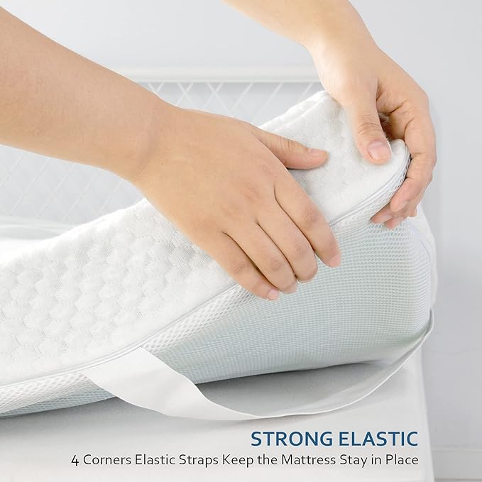 Moonsea Twin Size Memory Foam Mattress Topper Cover, 1-2 Inch Zippered Removable Cooling Viscose Made from Bamboo Foam, Skin-Friendly and Breathable, Easy to Remove and Wash, with Straps