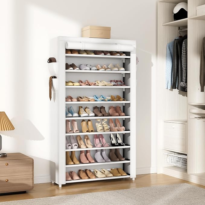 VILICK Shoe Rack with Cover Narrow Shoe Organizer with Pockets 10 Tier Tall Shoe Storage Holds 36-41 Pairs Shoes and Boots Shoe Rack for Closet Entryway Garage, White - Image 7