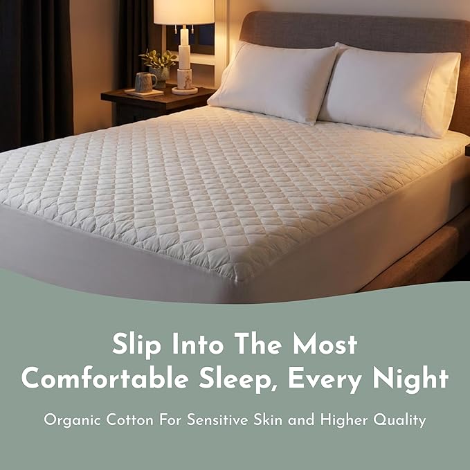 100% Cotton Organic Mattress Protector | Breathable & Noiseless Quilted GOTS Organic Mattress Pad with Premium 300GSM Durability | Machine Washable Bed Protector with Deep Pocket (White, Queen)