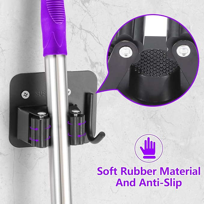 Stainless Steel Broom Holder, Heavy Duty, Rust Resistant, 4 Gripper Positions with 4 Hooks, Black - Image 3
