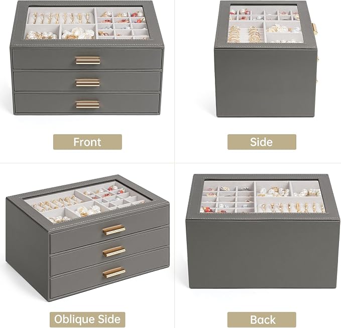 AKOZLIN Jewelry Box with Clear Lid Functional Leather Jewelry Storage Organizer Case 3 Drawers for Women Girls Necklace Ring Bracelet Earring - Image 5