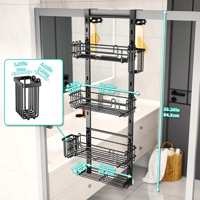 HapiRm 4 Tier Over the Door Shower Caddy, Hanging Shower Organizer with 22 Hooks and 2 Toothbrush Holders, No Drilling Adjustable Hanging Shelves for Bathroom Storage - Black - Image 5