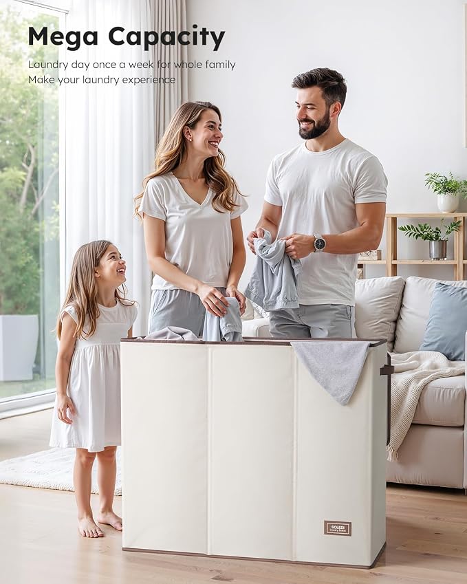 SOLEDI 180L Laundry Hamper 3 Section, Extra Large Laundry Hamper with Lid, Dirty Clothes Hamper with Sturdy Handle, Large Laundry Basket Organizer for Laundry Room, Bedroom, Hampers for Laundry - Image 3
