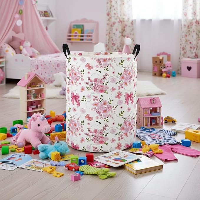 Baby Laundry Basket Baby Nursery Hamper Kids Laundry Basket Toy Storage Bin for Boys Room Decor Gift Baskets for Bedroom Bathroom(Bowknot Flower) - Image 3