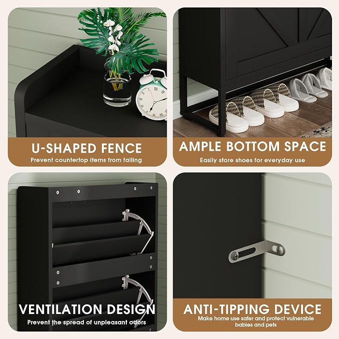 GRUSIGN Shoe Cabinet, Shoe Storage Cabinet with 2 Flip Drawers & Adjustable Shelf, Space-Saving Shoe Organizer – Holds 16+ Pairs, Narrow Shoe Cabinet Storage for Entryway/Hallway（Black） - Image 5