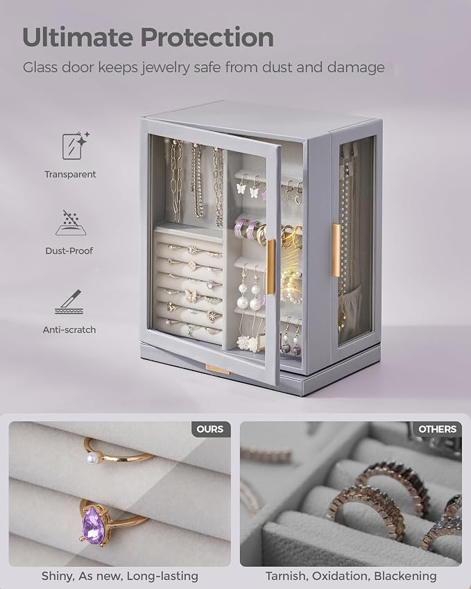 Glimmloop 360° Rotating Jewelry Box with 5 Drawers, Spacious Vertical Jewelry Organizer with Glass Window, Jewelry Storage Case, Dustproof & Moisture-resistant Design, Grey - Image 3