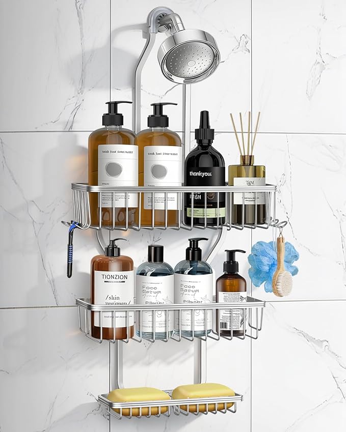 Shower Caddy Hanging - Never Rust Shower Hanging Organizer - Aluminum Over the ShowerHead Caddy with Soap Basket and 6 Hooks for Razor/Sponge (Frosted Silver) by MSAICOE