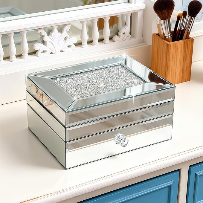 2 Layer Mirror Glass Jewelry Box with Crushed Diamond Decor, Velvet-Lined Trinket Organizer for Rings Earrings Necklaces Bracelets - Elegant Treasure Chest Storage Case for Women Girls by Poayewly