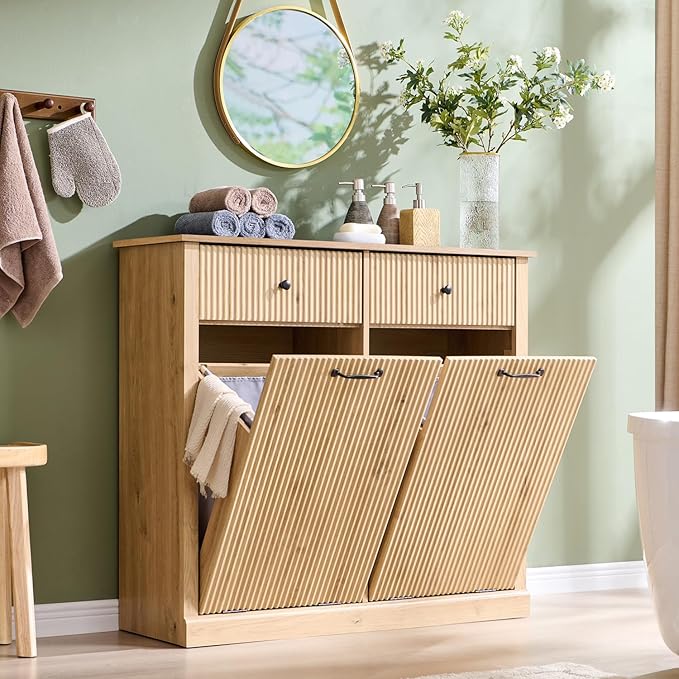 IFBUY Modern Double Tilt-Out Laundry Hamper Cabinet, 20 Gallon Fluted Trash Can Cabinet with 2 Drawers, Wooden Hidden Garbage Can Cabinets with Laundry Basket, for Bathroom and Kitchen, Natural Oak by IFBUYFarmhouseFurniture