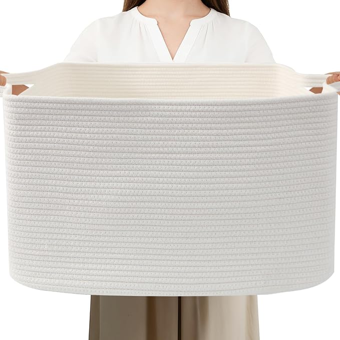 Large Blanket Basket,Woven Rope Basket Storage Bin with Handles,65L Rectangle Laundry Basket for Magazines,Toys,Clothes,Newspaper Shelf Organization,Nursery and Living Room,White by HZFTJOY