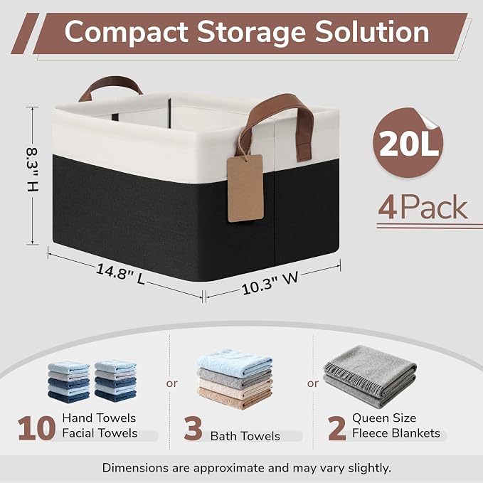CHICVITA 4 Pack Storage Baskets for Shelves, Foldable Closet Baskets for Organizing, Fabric Storage Bins with Handles, Towel Organizer for Closet, 14.8" x 10.3" x 8.3", Black & White - Image 3