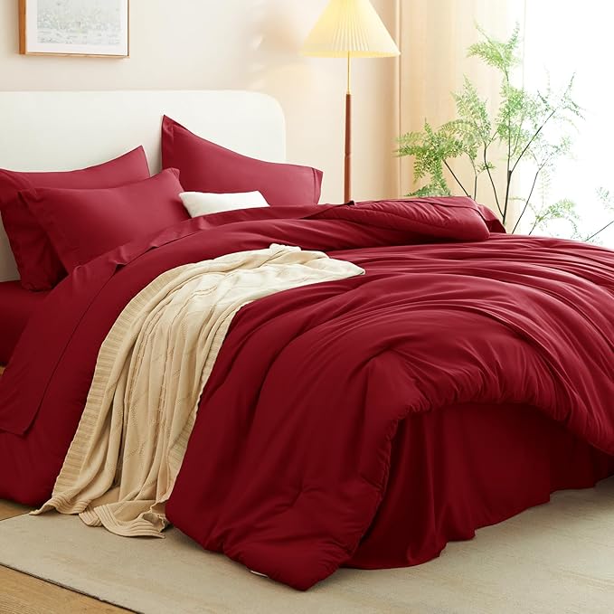 CozyLux Full Size Comforter Sets Dark Red, 7 Pieces Bed in a Bag Full Comforter Set with Sheets, Luxury Bedding Set with Down Alternative Comforter, Fitted Sheet, Flat Sheet, Pillowcases & Shams