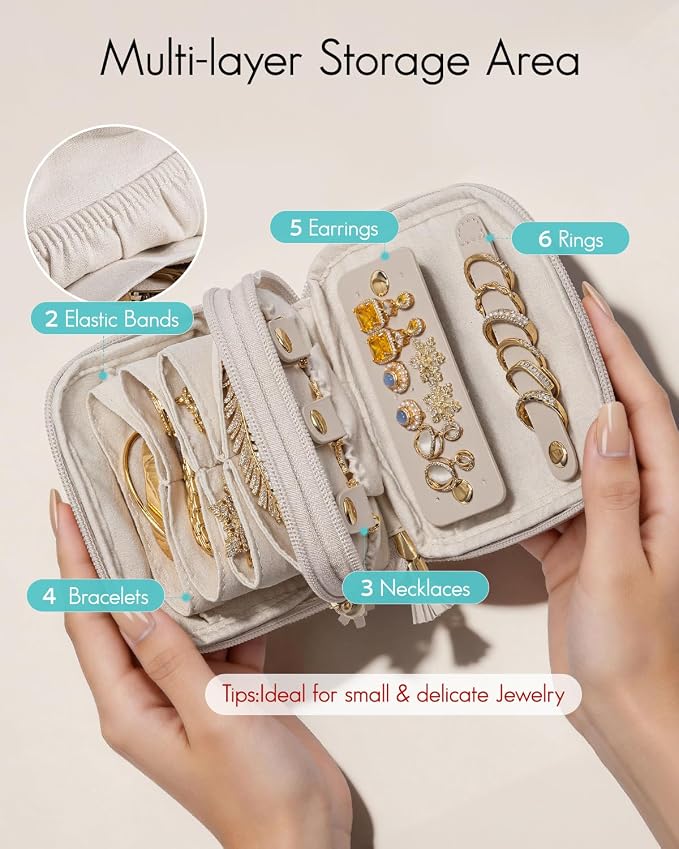 VLANDO Travel Jewelry Case,2-Layer Jewelry Organizer for Travel,Mothers Day Mom Gifts Teacher Gifts,Multi-Compartment Jewelry Storage for Rings Earrings Necklaces Bracelets-Cream White - Image 3