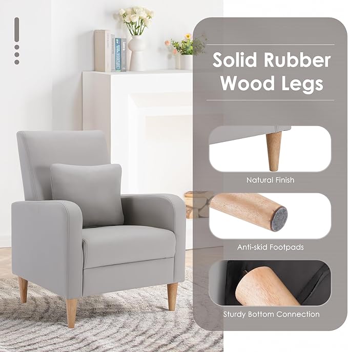 COLAMY Faux Leather Accent Living Room Chairs Set of 2, Upholstered Arm Chair Reading Side Chair, Single Sofa with Back Pillow and Wood Legs, Light Grey