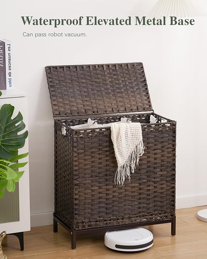 SETVSON Laundry Hamper with Lid 132 L, (35 Gallons) Clothes Hamper with Lid, Handwoven Rattan Laundry Hamper with Metal Heightened Feet, Laundry Hampers with 3 Removable Liner Bags for Laundry-Brown - Image 2