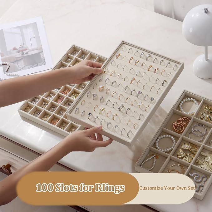 Large Velvet Jewelry Tray 2 Pack Stackable Jewelry Display Drawer Inserts Trays Organizer for Earring Bracelet Necklace Ring (Beige, Ring 81 Slots) - Image 4