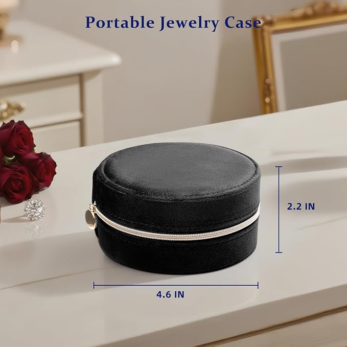 CONBOLA Travel Jewelry Case Small Jewelry Box for Women Girls,Round Velvet Jewelry Travel Organizer,Portable Jewelry Box for Rings Earrings Necklaces Bracelets.(Black,Large) - Image 4