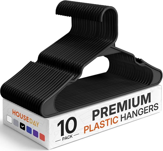 HOUSE DAY Premium Plastic Hangers 10 Pack, Clothes Hanger Space Saving, Heavy Duty Coat Hanger - Durable and Strong Closet Organizers and Storage Makes It Ideal Dorm Room Essentials (Black) by HOUSEDAY