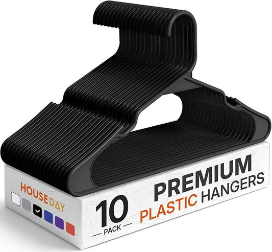 HOUSE DAY Premium Plastic Hangers 10 Pack, Clothes Hanger Space Saving, Heavy Duty Coat Hanger - Durable and Strong Closet Organizers and Storage Makes It Ideal Dorm Room Essentials (Black) by HOUSEDAY