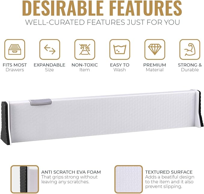 RAPTUROUS Adjustable Drawer Dividers, 2.5" Tall, Expandable 13-22", 8-Pack, Non-Slip for Dresser, Closet, Kitchen, Nursery, and Office (White) - Image 4