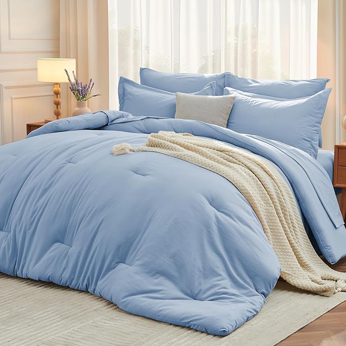 MUXHOMO 7 Pieces California King Comforter Set, Soft Bed in a Bag Cal King Size, All Season Bedding Set with Comforter, Flat Sheet, Fitted Sheet, Pillowcases & Shams, Greyish Blue
