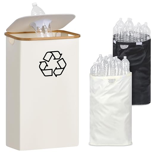 iEGrow 29 Gallons Recycling Bins for Kitchen, Indoor Recycle Bins with Lid, 110L Large Recycle bin with 2 Removeable Reusable Inner Bags, for Bottles Cans Glass Plastice Cartons(Beige) by iEGrow