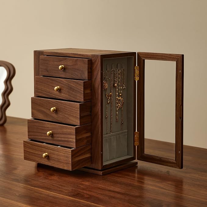 Wooden Jewelry Box for Women, 360 Rotating Design,Large Jewelry Organizer with Velvet Lining, 5 Drawers, Transparent Glass Doors, Black Walnut Wood Grain, Jewelry Storage Organizer by THFLSTR