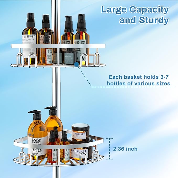 Rustproof Shower Corner Caddy Shelf for Bathroom Tension Pole Organizer with 4 Baskets for Bathtub Shampoo Storage from 23.6 to 114.5 Inch with Towel Bar (Silver) - Image 5