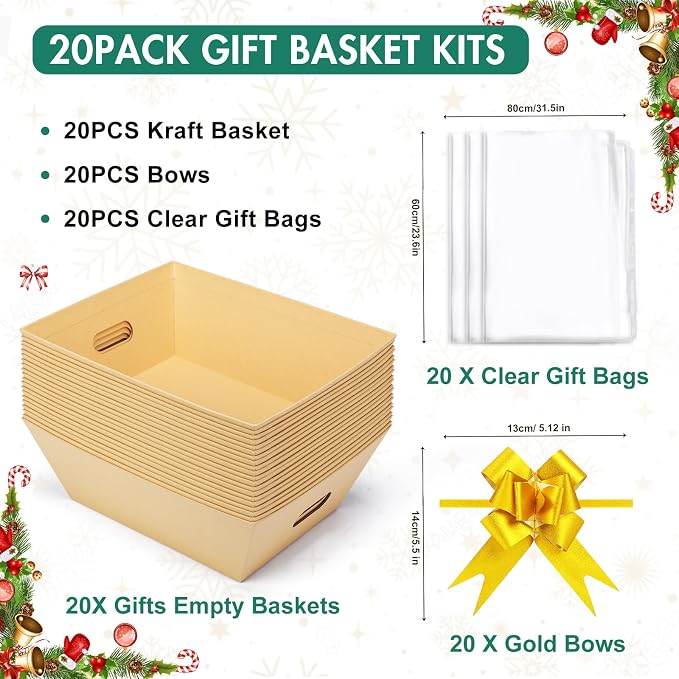 AFOROEOA 20PACK Baskets for Gifts Empty, 10x12”Thick Kraft Gift Basket with 20 Bows 20 Bags Empty Gift Baskets for Christmas, Valentine’s Day, Easter, Birthdays, Snacks, Farmers Market - Image 3