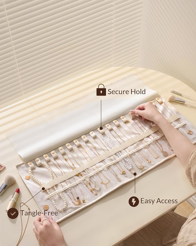 Lolalet Travel Necklace Organizer, Tangle-Free Necklace Case for Travel, Leather Foldable Roll Up Jewelry Storage Bag for Necklaces Chains Bracelets, Mothers Day Gift - Image 4