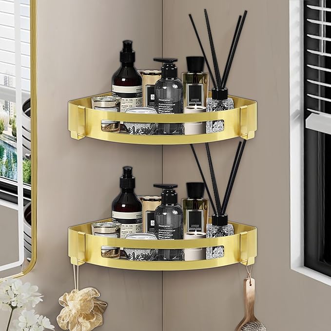 NearMoon Bathroom Corner Shelf Shower Caddy 2 Pack, No Drill 304 Stainless Steel Shower Organizer with 2 Hooks (Gold) - Image 2
