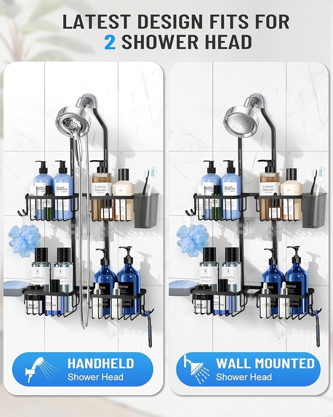 Adjustable Shower Caddy Hanging for Handheld Showerheads - Never Rust Shower Hanging Organizer, Upgraded Bathroom Shower Rack with Soap Basket, Hooks and Toothbrush Holder (Black) - Image 3