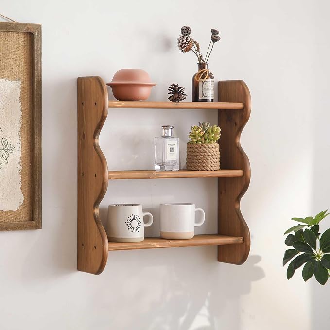 100% Solid Wood Wall Shelf 3-Tier, Rustic Floating Shelves Wall Mounted Storage Rack, Farmhouse Decor Hanging Shelf Display Shelves for Apartment, Living Room and Bedroom by HuiDao