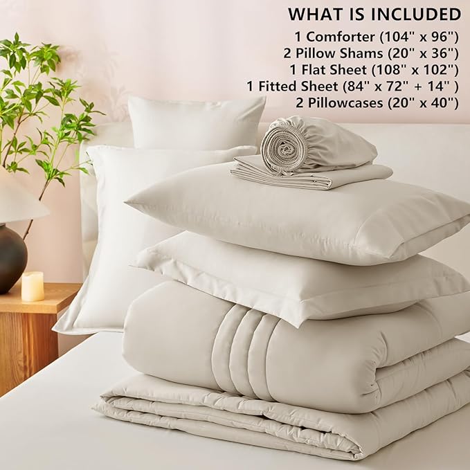 CozyLux California King Size Comforter Set - 7 Pieces Bed in a Bag Beige Comforter Set with Sheets Cal King, Soft Bedding Set with Down Alternative Comforter, Sheets, Pillowcases & Shams