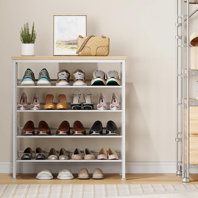 HOOBRO Shoe Rack for Entryway, 5-Tier Shoe Organizer with Adjustable Mesh Shelves, 12-16 Pairs of Shoes, Spacious Floor Mount, Metal, Industrial, Shoe Shelf for Closet, Natural and White WN12XJ01 - Image 2