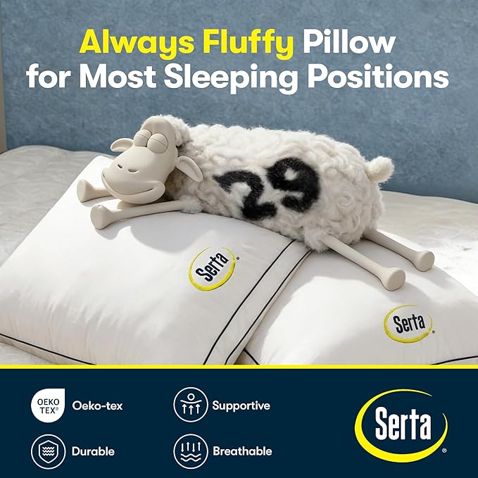 Serta Hotel Collection Bed Pillows Queen/Standard Size Set of 2, 400 Thread Count 100% Cotton Cover, Medium Firm, Support Gusseted Down Alternative Pillow for Back, Stomach or Side Sleepers, 18" x 26"