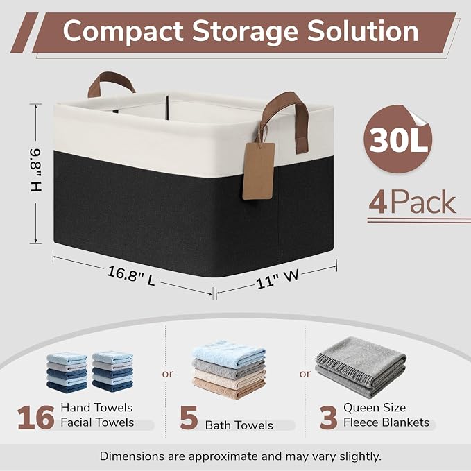 CHICVITA 4 Pack Large Storage Baskets for Shelves, Collapsible Fabric Storage Bins with Metal Frame Handles, Decorative Closet Organizers Bins for Toys, 16.8" x 11" x 9.8", Black & White - Image 3