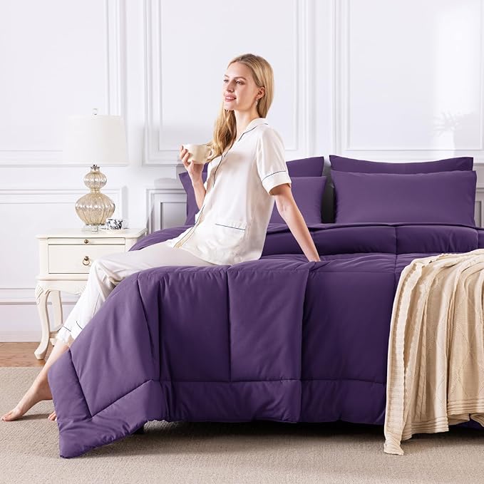 CozyLux Queen Comforter Set Purple, 7 Pieces Bed in a Bag, Purple Comforters Queen Size, All Season Bedding Sets with Stitch Quilted Comforter, Flat Sheet, Fitted Sheet, Pillowcases