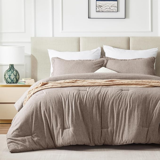 CozyLux King Size Comforter Set - 3 Pieces Khaki Soft Luxury Cationic Dyeing Bedding Comforter for All Season, Breathable Lightweight Fluffy Bed Sets with 1 Comforter and 2 Pillow Shams