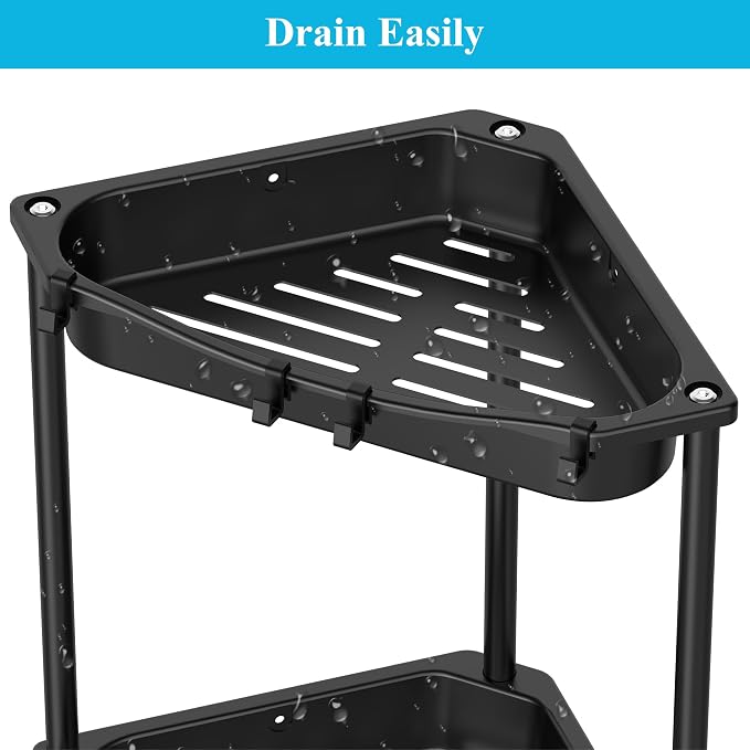 HuggieGems 4 Tier Floor Standing Corner Shower Caddy Organizer Shelf with Hooks, Bathroom Shelves Stand Rack, Jet Black - Image 7